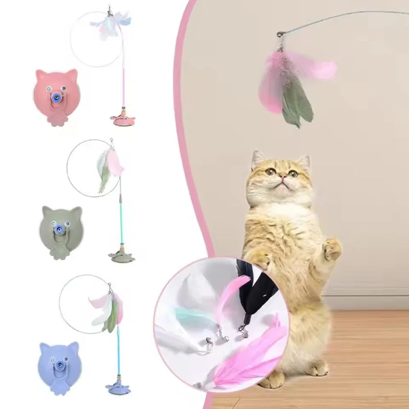 MirthPaw Interactive Suction Cup Cat Teaser Wand – Hands-Free Bouncing Feather Toy with Heavy-Duty Base for Indoor Cats