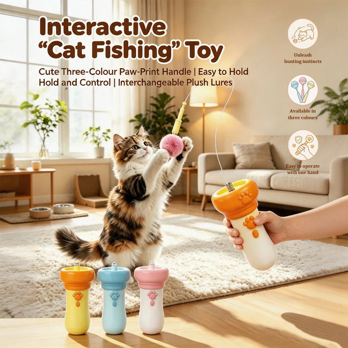 MirthPaw Interactive Cat Fishing Launch Toy – Manual Plush Ball Launcher Wand for Indoor Cats & Kittens