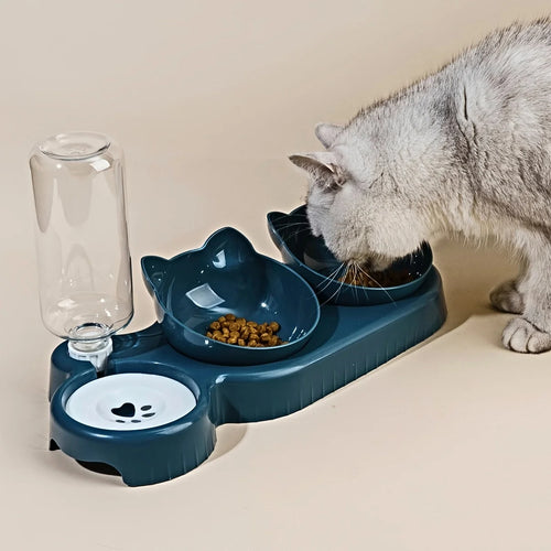 MirthPaw™ 3-in-1 Tilted Cat Bowl & Automatic Water Feeder