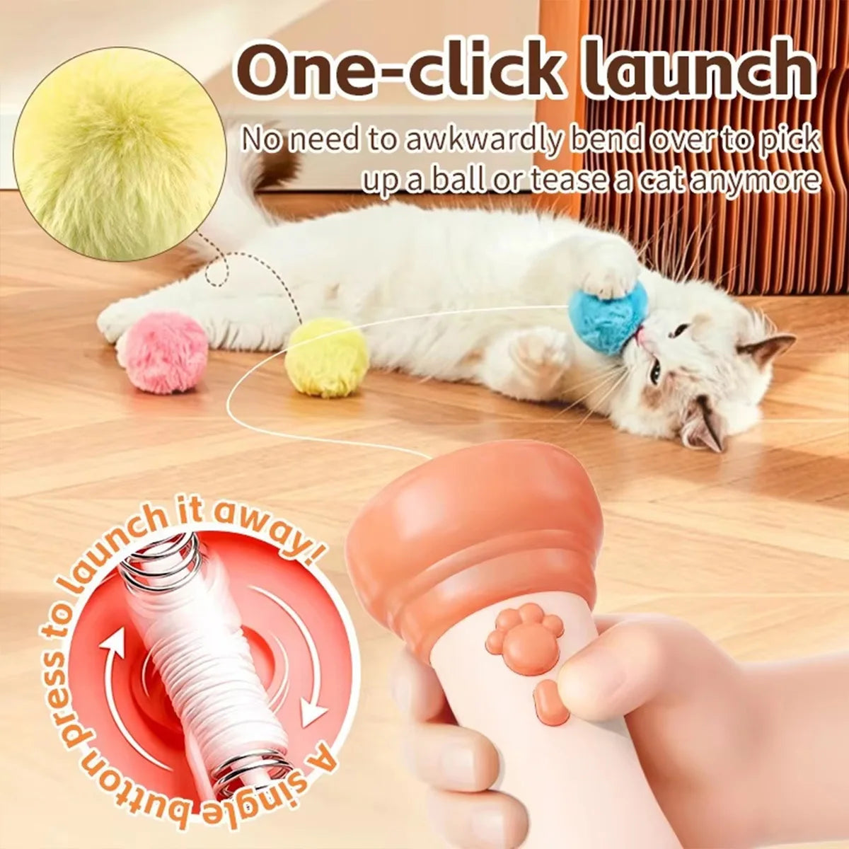MirthPaw Interactive Cat Fishing Launch Toy – Manual Plush Ball Launcher Wand for Indoor Cats & Kittens